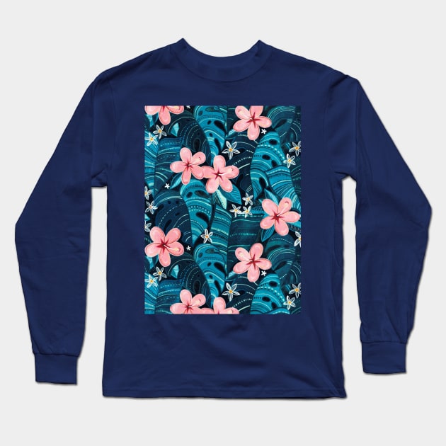 Moody Tropical Pattern in Cyan and Sapphire with Pink Long Sleeve T-Shirt by micklyn